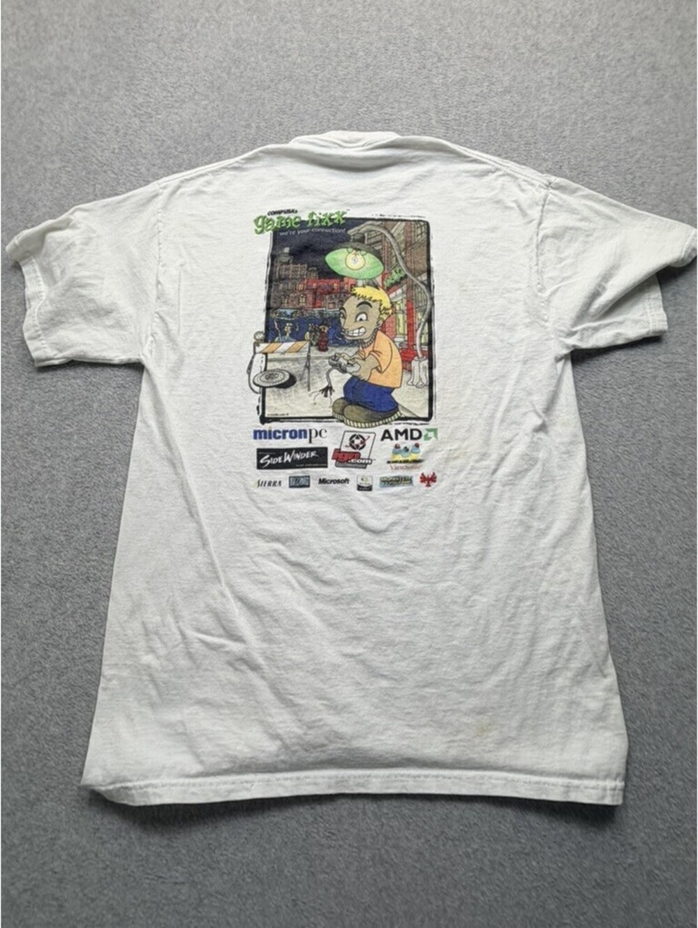 Jerzees Mens Graphic T-Shirt L White CompUSA Gamefixx Y2K Tech Gamer AMD